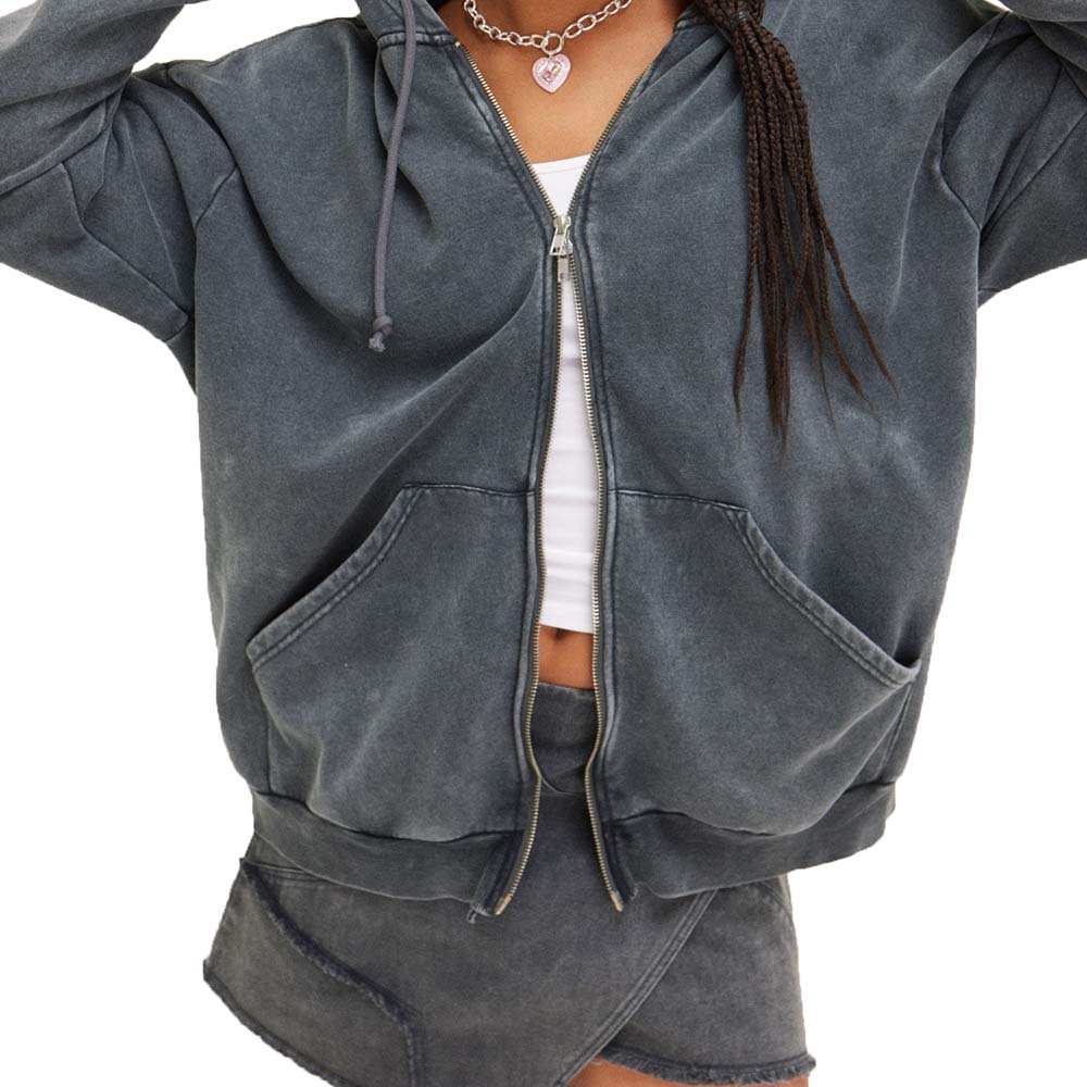 Acid Wash Zipper Hoodie Women