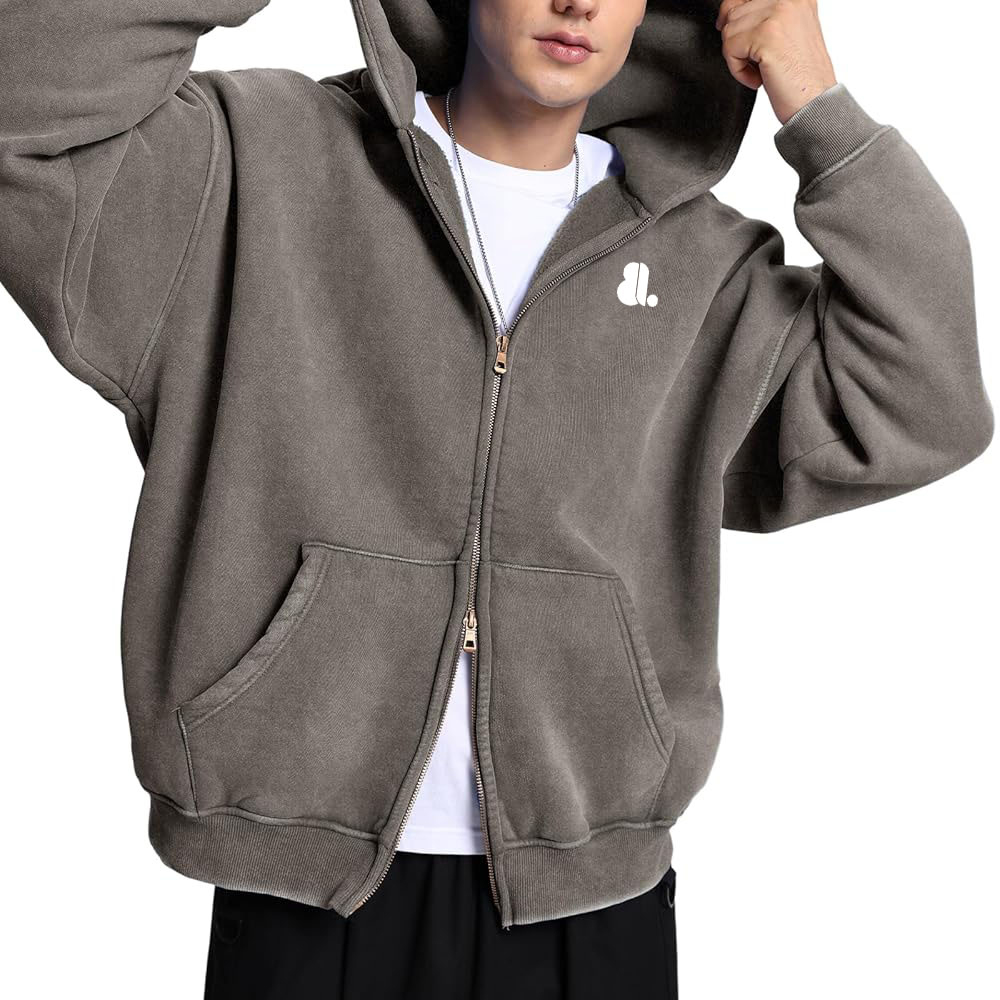 Acid Wash Zipper Hoodie Men - Image 3