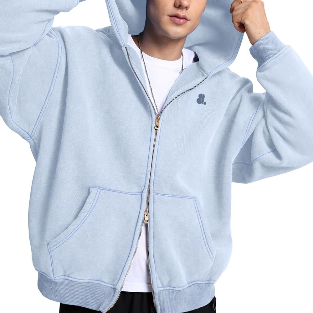 Acid Wash Zipper Hoodie Men - Image 3