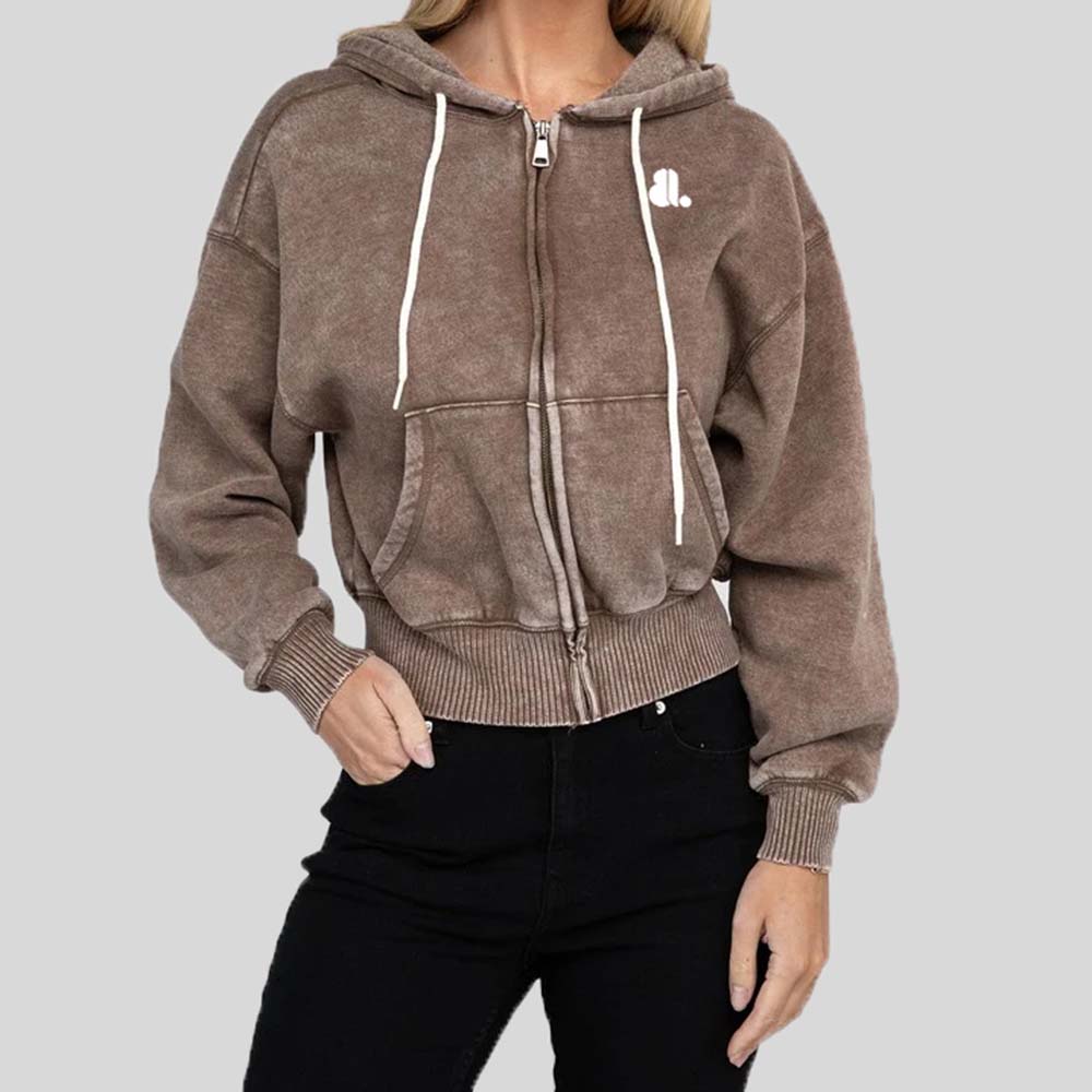 Acid Wash Zipper Hoodie Women