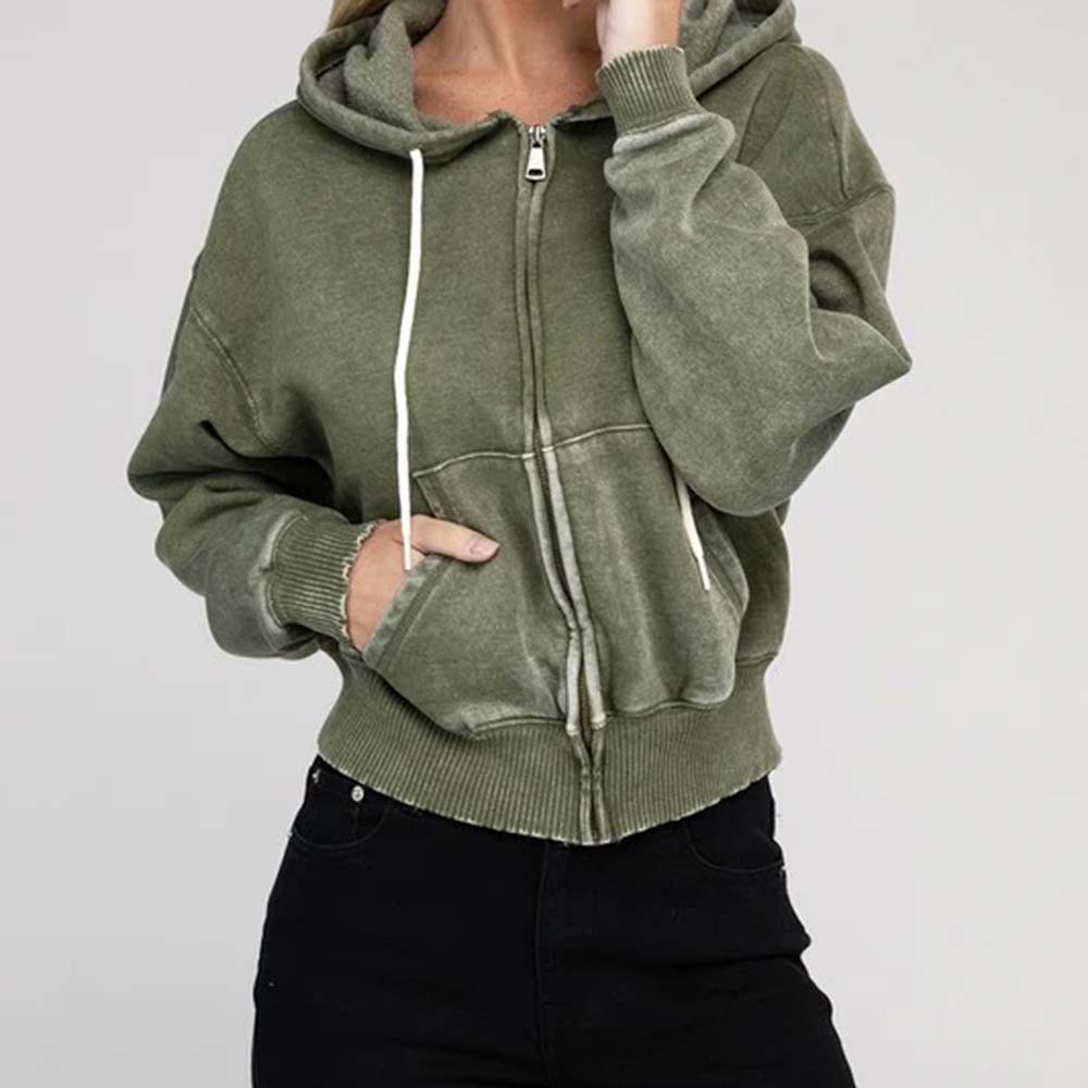 Acid Wash Zipper Hoodie Women