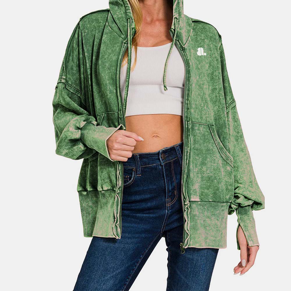 Acid Wash Zipper Hoodie Women