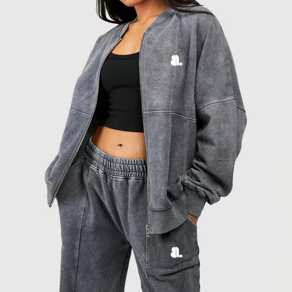 Acid Wash Zipper Track Suite Women