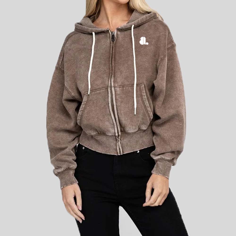 Acid Wash Zipper Hoodie Women