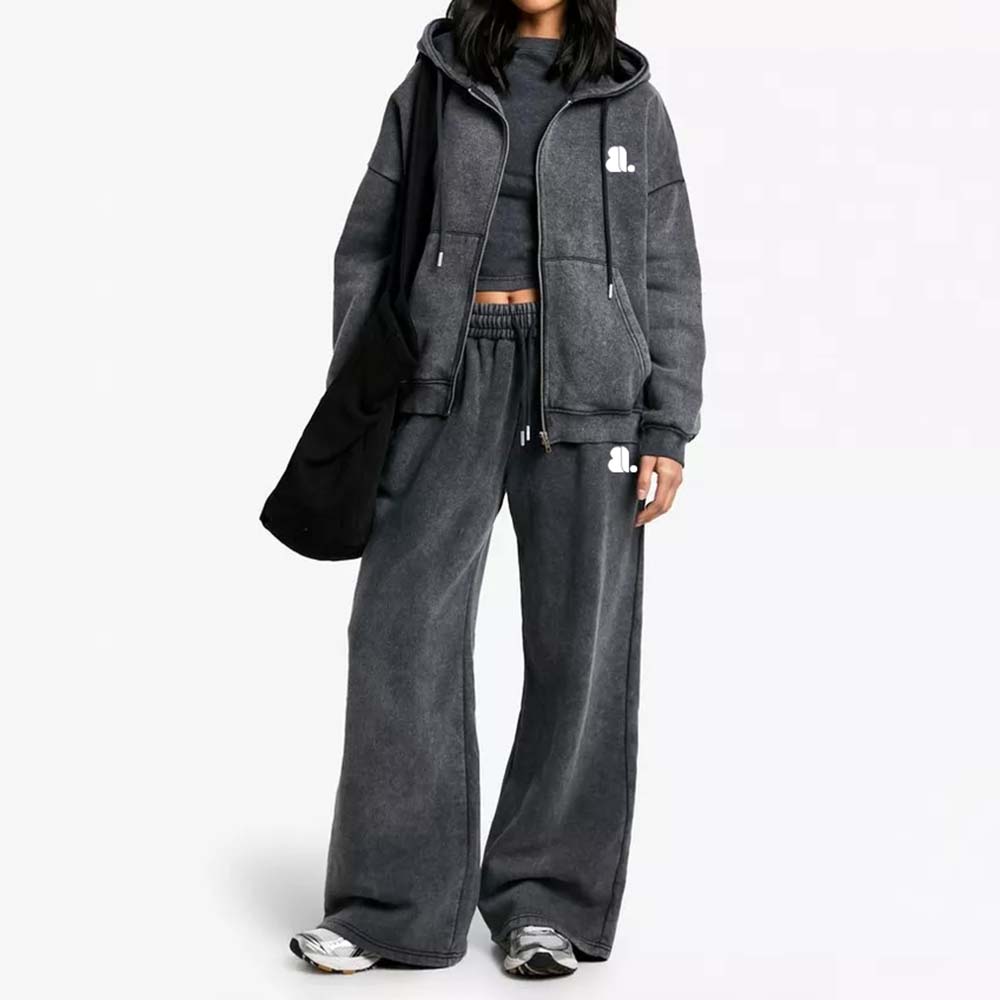 Acid Wash Zipper Track Suite Women