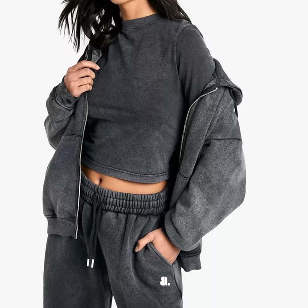 Acid Wash Zipper Track Suite Women - Image 3